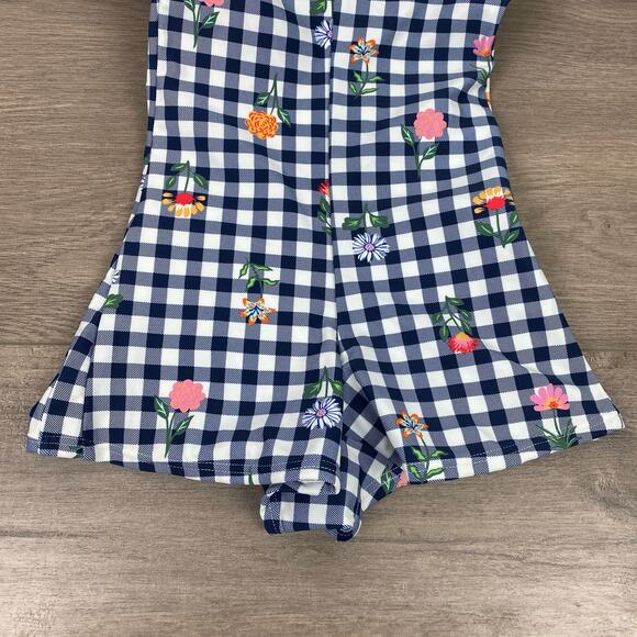 Unique Vintage Navy Gingham Floral Halter Tie Romper Style Swimsuit Sz.S/4 NWT - Picture 13 of 16